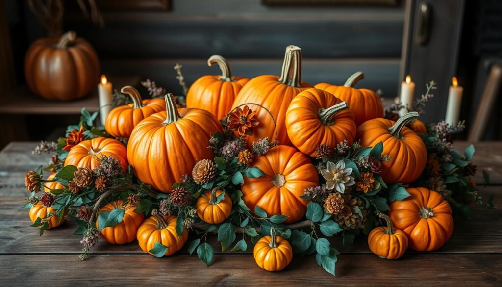 A beautifully curated pumpkin centerpiece display, showcasing an array of vibrant orange pumpkins of varying sizes, arranged artfully on a rustic wooden table. The pumpkins are complemented by lush foliage, delicate autumn flowers, and warm candlelight, creating a cozy and inviting atmosphere. Soft, natural lighting illuminates the scene, casting gentle shadows and highlights the intricate textures of the pumpkins and surrounding elements. The composition is visually balanced, with a sense of effortless elegance, inviting the viewer to imagine this centerpiece gracing a special autumn gathering or festive dinner table. A beautifully curated pumpkin centerpiece display, showcasing an array of vibrant orange pumpkins of varying sizes, arranged artfully on a rustic wooden table. The pumpkins are complemented by lush foliage, delicate autumn flowers, and warm candlelight, creating a cozy and inviting atmosphere. Soft, natural lighting illuminates the scene, casting gentle shadows and highlights the intricate textures of the pumpkins and surrounding elements. The composition is visually balanced, with a sense of effortless elegance, inviting the viewer to imagine this centerpiece gracing a special autumn gathering or festive dinner table.