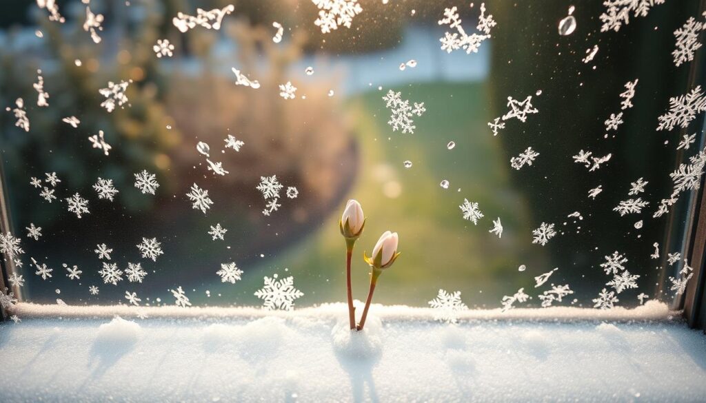 A breathtaking snowflake-to-spring window transition. In the foreground, delicate snowflakes cling to the glass, casting intricate shadows across the sill. The middle ground reveals the first buds of spring blooming, their soft pastel hues peeking through the melting ice. The background showcases a serene outdoor scene, with lush greenery and a warm, golden glow filtering through the window. The lighting is soft and diffused, creating a dreamy, ethereal atmosphere. The camera angle is slightly elevated, offering a captivating bird's-eye view of this seasonal transformation. Subtle and serene, this image captures the beauty of nature's cyclical embrace. A breathtaking snowflake-to-spring window transition. In the foreground, delicate snowflakes cling to the glass, casting intricate shadows across the sill. The middle ground reveals the first buds of spring blooming, their soft pastel hues peeking through the melting ice. The background showcases a serene outdoor scene, with lush greenery and a warm, golden glow filtering through the window. The lighting is soft and diffused, creating a dreamy, ethereal atmosphere. The camera angle is slightly elevated, offering a captivating bird's-eye view of this seasonal transformation. Subtle and serene, this image captures the beauty of nature's cyclical embrace.