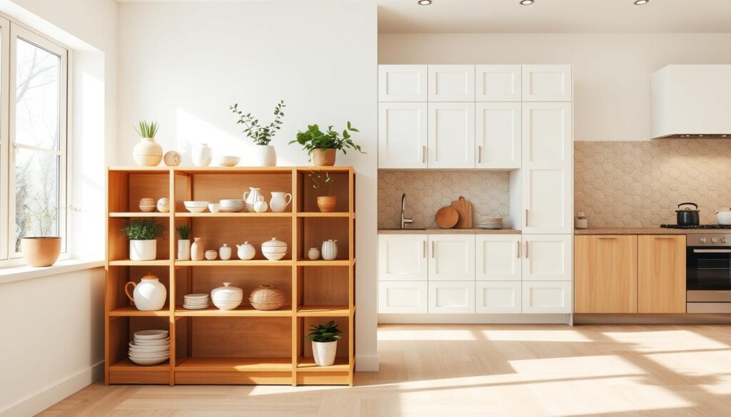 A bright, airy kitchen scene showcasing an open shelving unit and closed cabinetry side-by-side. In the foreground, a modern, wooden open shelving system displays an artful arrangement of ceramics, plants, and decorative objects. Beside it, a sleek, white cabinet with recessed panels and minimalist hardware. Warm, natural light floods the space through large windows, casting a soft glow on the surfaces. The backsplash is a neutral, textured tile that complements the wooden and white tones. Underfoot, a pale hardwood floor extends the serene, uncluttered atmosphere. This comparative vignette highlights the visual contrast and functional differences between open and closed storage solutions for a stylish, springtime kitchen. A bright, airy kitchen scene showcasing an open shelving unit and closed cabinetry side-by-side. In the foreground, a modern, wooden open shelving system displays an artful arrangement of ceramics, plants, and decorative objects. Beside it, a sleek, white cabinet with recessed panels and minimalist hardware. Warm, natural light floods the space through large windows, casting a soft glow on the surfaces. The backsplash is a neutral, textured tile that complements the wooden and white tones. Underfoot, a pale hardwood floor extends the serene, uncluttered atmosphere. This comparative vignette highlights the visual contrast and functional differences between open and closed storage solutions for a stylish, springtime kitchen.