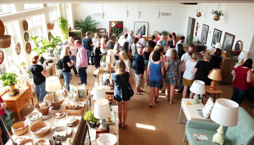 A bright, airy room filled with a lively decor swap event. In the foreground, a group of people enthusiastically exchanging unique home accessories, baskets, and decorative pieces. The middle ground showcases neatly arranged tables displaying an eclectic mix of decorative items, lamps, and repurposed furniture. Soft, natural lighting filters through large windows, creating a warm, inviting atmosphere. In the background, potted plants and artwork adorn the walls, complementing the vibrant color palette. The overall scene conveys a sense of community, creativity, and the joy of transforming one's living space with pre-loved items. A bright, airy room filled with a lively decor swap event. In the foreground, a group of people enthusiastically exchanging unique home accessories, baskets, and decorative pieces. The middle ground showcases neatly arranged tables displaying an eclectic mix of decorative items, lamps, and repurposed furniture. Soft, natural lighting filters through large windows, creating a warm, inviting atmosphere. In the background, potted plants and artwork adorn the walls, complementing the vibrant color palette. The overall scene conveys a sense of community, creativity, and the joy of transforming one's living space with pre-loved items.
