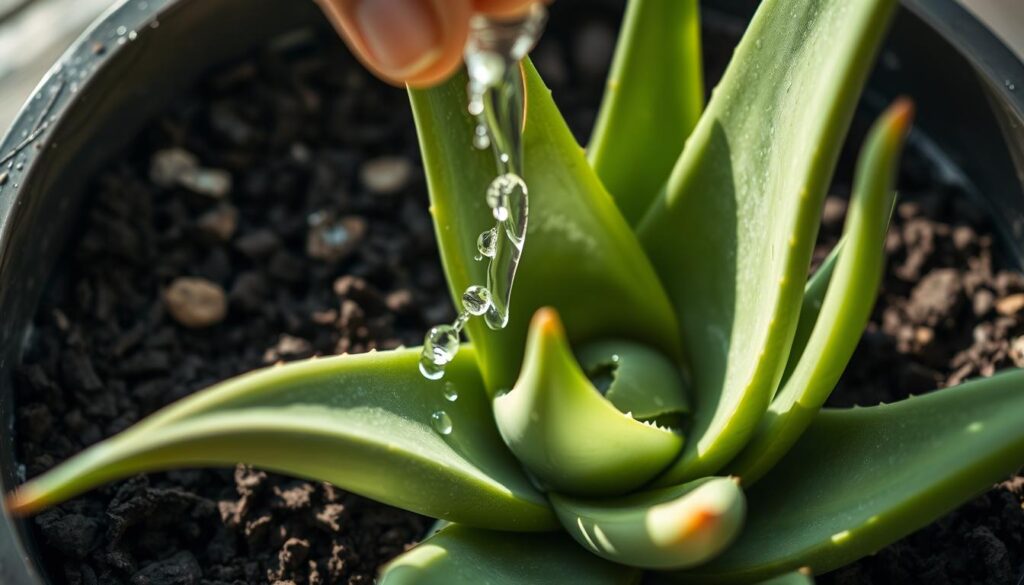 A close-up view of an aloe vera plant being gently watered by a human hand, the soil dark and moist. The aloe's thick, fleshy leaves are illuminated by soft, diffused natural light, casting subtle shadows on the surrounding potting mix. The composition emphasizes the tactile connection between the plant and the caretaker, conveying a sense of nurturing and attentiveness. The overall mood is one of tranquility and care, reflecting the intimate moment of watering the aloe vera plant.