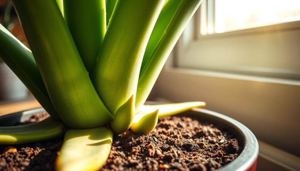 A close-up view of an aloe vera plant with several distinct pups emerging from the base, showcased in natural sunlight streaming through a window. The foreground depicts the aloe vera leaves and stems in vivid detail, with the pups gently separating from the mother plant. The middle ground captures the textural soil and potting medium, while the background subtly blurs to emphasize the main subject. The lighting is soft and diffused, creating a warm, earthy tone that highlights the succulent's vibrant green hues. The camera angle is slightly elevated, providing a clear view of the entire division process happening within the plant.