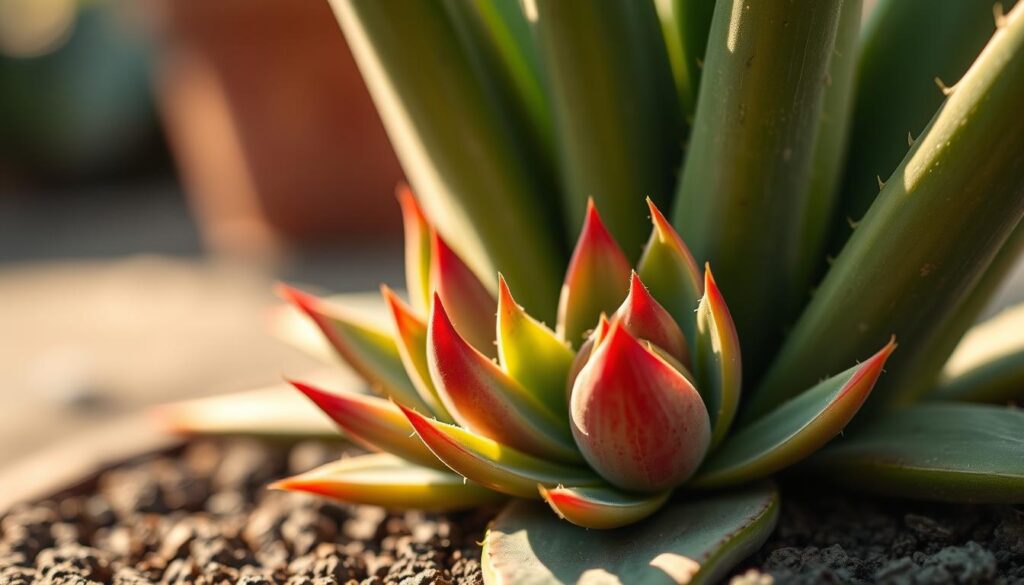 A closeup shot of several propagating aloe vera pups emerging from the base of a mature aloe plant. The pups have plump, succulent leaves in shades of green and red, arranged in a rosette pattern. The background is blurred, creating a soft, focused effect on the foreground. Warm, natural lighting casts gentle shadows, highlighting the textural details of the plant. The composition is centered, allowing the viewer to appreciate the intricate growth pattern and vibrant colors of the aloe vera pups.