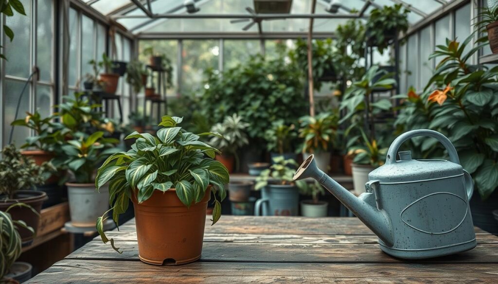 A cluttered greenhouse interior with dim natural lighting. In the foreground, a ZZ plant pot sits on a weathered wooden table, its leaves drooping and discolored from overwatering. Beside it, a watering can with a cracked spout symbolizes careless hydration. In the middle ground, other houseplants struggle with various stages of under and overwatering, their stressed states contrasting with a lush, verdant backdrop of healthy foliage. The overall atmosphere conveys a sense of learning from mistakes, with muted tones and soft shadows emphasizing the educational nature of the scene. A cluttered greenhouse interior with dim natural lighting. In the foreground, a ZZ plant pot sits on a weathered wooden table, its leaves drooping and discolored from overwatering. Beside it, a watering can with a cracked spout symbolizes careless hydration. In the middle ground, other houseplants struggle with various stages of under and overwatering, their stressed states contrasting with a lush, verdant backdrop of healthy foliage. The overall atmosphere conveys a sense of learning from mistakes, with muted tones and soft shadows emphasizing the educational nature of the scene.