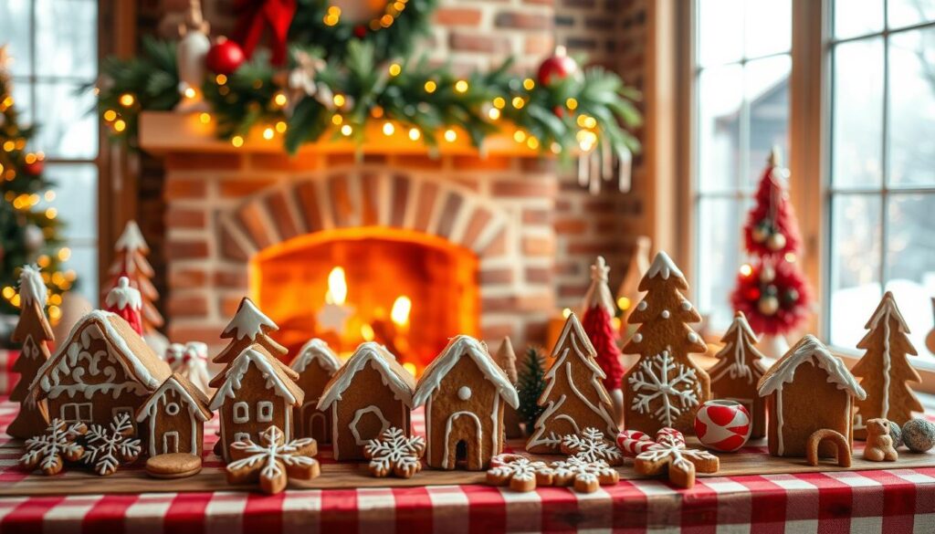 A cozy Christmas scene of handmade gingerbread decorations. In the foreground, a variety of whimsical gingerbread shapes - houses, trees, snowflakes, and candy canes - are arranged on a wooden table with a red-and-white checked tablecloth. The middle ground features a garland of fresh greenery and fairy lights draped across the mantel of a brick fireplace, casting a warm, golden glow. In the background, a large window overlooking a snowy winter landscape, with icicles hanging from the eaves. The overall mood is festive, homemade, and inviting, capturing the spirit of DIY gingerbread holiday decor. A cozy Christmas scene of handmade gingerbread decorations. In the foreground, a variety of whimsical gingerbread shapes - houses, trees, snowflakes, and candy canes - are arranged on a wooden table with a red-and-white checked tablecloth. The middle ground features a garland of fresh greenery and fairy lights draped across the mantel of a brick fireplace, casting a warm, golden glow. In the background, a large window overlooking a snowy winter landscape, with icicles hanging from the eaves. The overall mood is festive, homemade, and inviting, capturing the spirit of DIY gingerbread holiday decor.