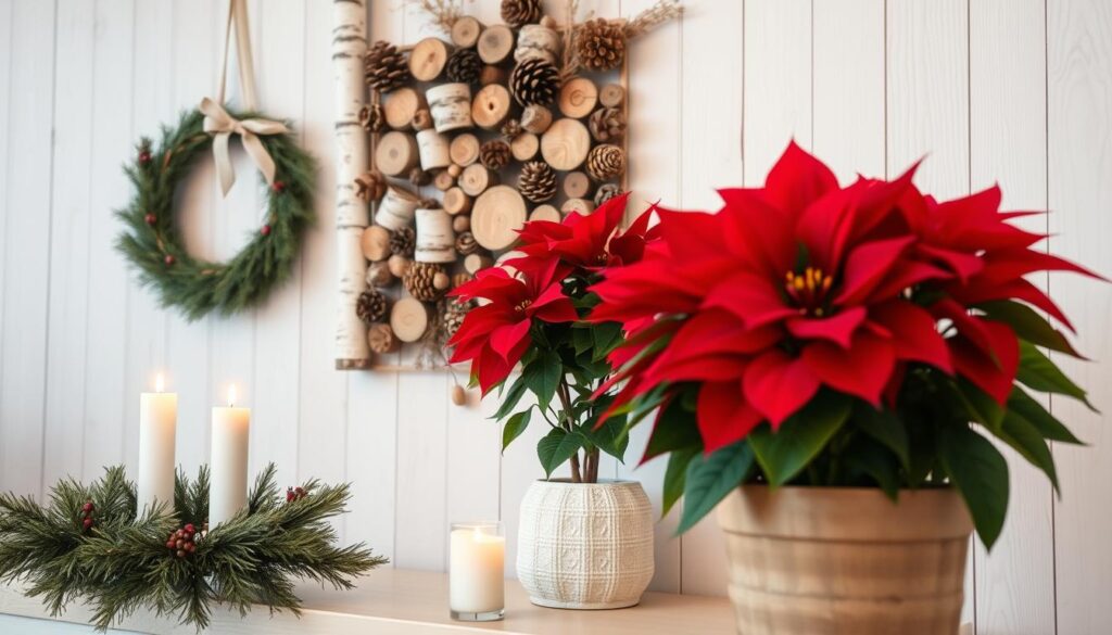 A cozy Scandinavian Christmas scene with natural elements. In the foreground, a minimalist pine wreath adorned with simple white candles and sprigs of holly. In the middle ground, a large potted poinsettia plant casts a warm glow, its crimson bracts contrasting against the pale wood tones. In the background, a wall-mounted display of birch logs, pinecones, and dried botanicals creates a rustic, nature-inspired ambiance. Soft, diffused lighting from overhead casts a gentle, atmospheric illumination throughout the space. The overall mood is one of serene, understated elegance - a harmonious blend of Scandinavian design and the natural world. A cozy Scandinavian Christmas scene with natural elements. In the foreground, a minimalist pine wreath adorned with simple white candles and sprigs of holly. In the middle ground, a large potted poinsettia plant casts a warm glow, its crimson bracts contrasting against the pale wood tones. In the background, a wall-mounted display of birch logs, pinecones, and dried botanicals creates a rustic, nature-inspired ambiance. Soft, diffused lighting from overhead casts a gentle, atmospheric illumination throughout the space. The overall mood is one of serene, understated elegance - a harmonious blend of Scandinavian design and the natural world.