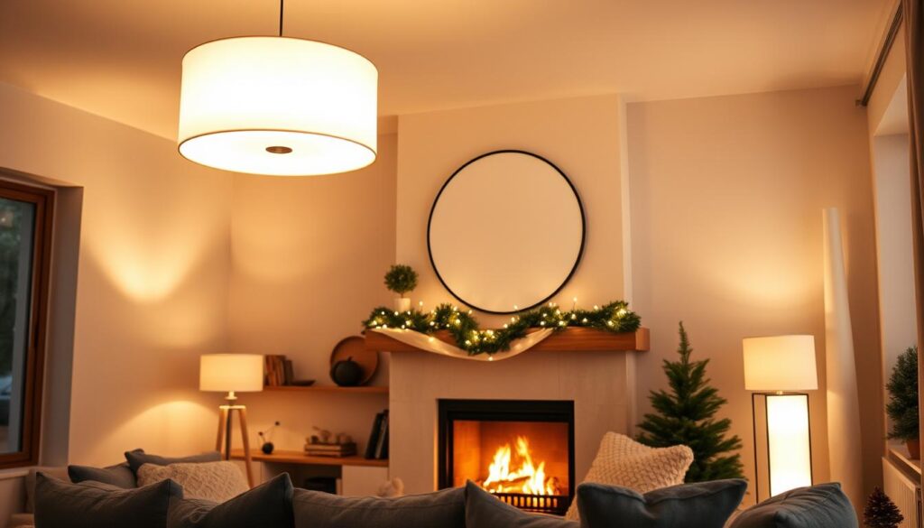 A cozy Scandinavian living room bathed in the warm glow of modern, minimalist lighting fixtures. Soft, diffused light emanates from sleek, cylindrical ceiling lamps and tall, slender floor lamps with clean, geometric silhouettes. Decorative string lights are draped across the mantelpiece, casting a gentle sparkle. The space is accented with natural wood tones, plush textiles, and a hint of greenery, creating a serene, hygge-inspired ambiance perfect for a cozy Christmas celebration. A cozy Scandinavian living room bathed in the warm glow of modern, minimalist lighting fixtures. Soft, diffused light emanates from sleek, cylindrical ceiling lamps and tall, slender floor lamps with clean, geometric silhouettes. Decorative string lights are draped across the mantelpiece, casting a gentle sparkle. The space is accented with natural wood tones, plush textiles, and a hint of greenery, creating a serene, hygge-inspired ambiance perfect for a cozy Christmas celebration.