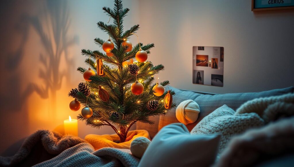 A cozy and intimate Christmas tree in a small, well-lit living space. The tree is compact, adorned with delicate, scented ornaments that emit a warm, inviting aroma. The ornaments are a mix of natural elements like dried citrus slices, cinnamon sticks, and fragrant pine cones, complemented by subtle string lights that cast a soft, ambient glow. The space is dressed with plush, textured throws and pillows, creating a serene and comforting atmosphere. The lighting is a combination of gentle, diffused overhead illumination and the flickering flame of a nearby fireplace or candles, casting gentle shadows and highlights across the scene. An air of tranquility and holiday cheer pervades the intimate setting.