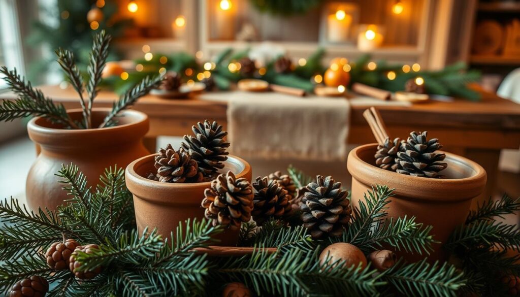 A cozy and inviting Christmas scene with a rustic, earthy feel. In the foreground, an arrangement of terracotta pots, pinecones, and sprigs of olive green foliage. The middle ground features a wooden table or bench, adorned with a burlap runner and more natural elements like dried citrus slices and cinnamon sticks. In the background, a warm, ambient lighting illuminates the space, casting a soft, golden glow. The overall composition evokes a sense of simple, organic elegance, perfect for a cozy, countryside-inspired Christmas decor. A cozy and inviting Christmas scene with a rustic, earthy feel. In the foreground, an arrangement of terracotta pots, pinecones, and sprigs of olive green foliage. The middle ground features a wooden table or bench, adorned with a burlap runner and more natural elements like dried citrus slices and cinnamon sticks. In the background, a warm, ambient lighting illuminates the space, casting a soft, golden glow. The overall composition evokes a sense of simple, organic elegance, perfect for a cozy, countryside-inspired Christmas decor.