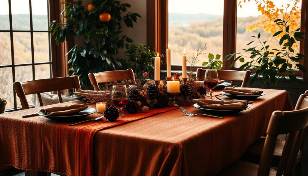 A cozy and inviting autumn-inspired dining scene, with a rustic wooden table set with a plush, textured tablecloth in warm earth tones. The centerpiece features an arrangement of scented pinecones, dried flowers, and gently flickering candlelight, casting a soft, ambient glow throughout the space. Surrounding the table, lush, leafy plants and a large window overlooking a scenic fall landscape, allowing natural light to filter in and complement the moody, autumnal atmosphere. The scene is bathed in a warm, golden light, with a focus on the tactile, sensory elements that evoke the comforting scents and textures of the fall season. A cozy and inviting autumn-inspired dining scene, with a rustic wooden table set with a plush, textured tablecloth in warm earth tones. The centerpiece features an arrangement of scented pinecones, dried flowers, and gently flickering candlelight, casting a soft, ambient glow throughout the space. Surrounding the table, lush, leafy plants and a large window overlooking a scenic fall landscape, allowing natural light to filter in and complement the moody, autumnal atmosphere. The scene is bathed in a warm, golden light, with a focus on the tactile, sensory elements that evoke the comforting scents and textures of the fall season.