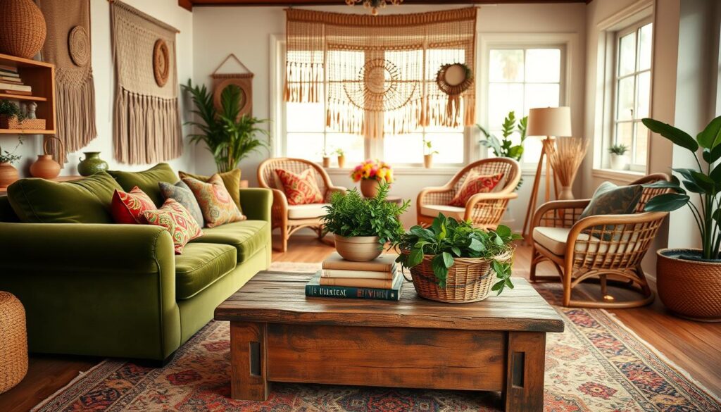 A cozy and inviting boho living room filled with an eclectic mix of comfortable furniture. In the foreground, a large plush velvet sofa in a deep green hue, accented with colorful patterned throw pillows. Positioned in the middle ground, a rustic wooden coffee table topped with a stack of vintage books and a woven basket overflowing with lush greenery. Behind, a pair of rattan armchairs with boho-inspired cushions flank a large window, allowing warm natural light to pour in. The walls are adorned with macrame wall hangings and woven tapestries, creating a relaxed, earthy atmosphere. The overall scene exudes a sense of laid-back sophistication and bohemian charm.