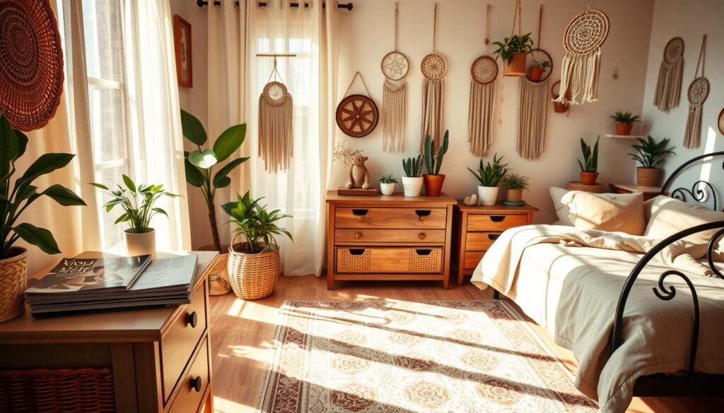 A cozy and inviting boho-style bedroom, bathed in warm, natural lighting filtering through sheer curtains. In the foreground, a neatly organized nightstand with rattan accents, a decorative plant, and a stack of design magazines. The middle ground showcases a plush, patterned area rug, and a wooden dresser adorned with macrame wall hangings and woven baskets for storage. In the background, a wrought-iron bed frame is dressed in earthy-toned linens, complemented by a display of potted plants and a dreamcatcher suspended from the ceiling. The overall scene conveys a harmonious, relaxed atmosphere, reflecting the principles of boho-inspired organization and decor.
