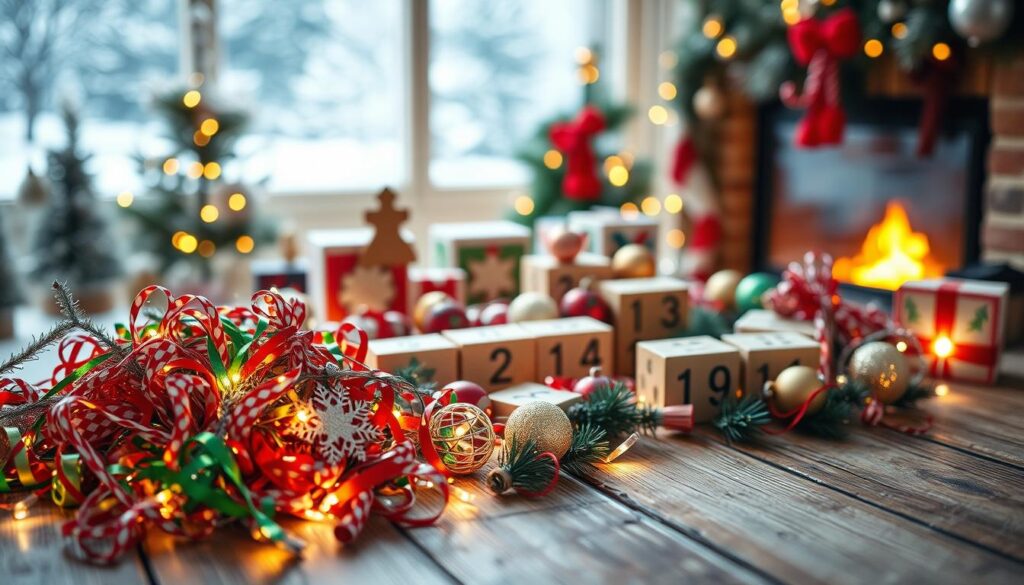 A cozy assortment of Christmas countdown decor materials arranged on a rustic wooden surface. In the foreground, an assortment of colorful holiday-themed ribbons, tinsel, and fairy lights. In the middle ground, an array of wooden or cardboard countdown blocks, ornaments, and festive garlands. In the background, a soft-focus winter scene with snowy trees and a gently glowing fireplace. Warm, diffused lighting casts a cheerful glow over the scene, creating a welcoming and celebratory atmosphere perfect for the holiday season.