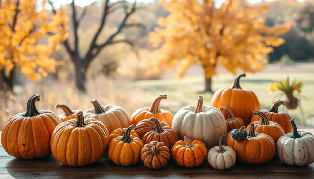 A cozy autumn scene with an assortment of seasonal gourds and squashes arranged as a rustic centerpiece. In the foreground, an array of gourds in warm, earthy tones - pumpkins, butternut squash, acorn squash, and miniature pumpkins - elegantly displayed on a wooden table. In the middle ground, a few tall, twisting gourds stand out, casting interesting shadows. The background features a lush, autumnal landscape with trees shedding their vibrant leaves. Soft, natural lighting filters through the scene, creating a serene, inviting atmosphere. The overall composition emphasizes the beauty and diversity of seasonal produce beyond the classic pumpkin. A cozy autumn scene with an assortment of seasonal gourds and squashes arranged as a rustic centerpiece. In the foreground, an array of gourds in warm, earthy tones - pumpkins, butternut squash, acorn squash, and miniature pumpkins - elegantly displayed on a wooden table. In the middle ground, a few tall, twisting gourds stand out, casting interesting shadows. The background features a lush, autumnal landscape with trees shedding their vibrant leaves. Soft, natural lighting filters through the scene, creating a serene, inviting atmosphere. The overall composition emphasizes the beauty and diversity of seasonal produce beyond the classic pumpkin.