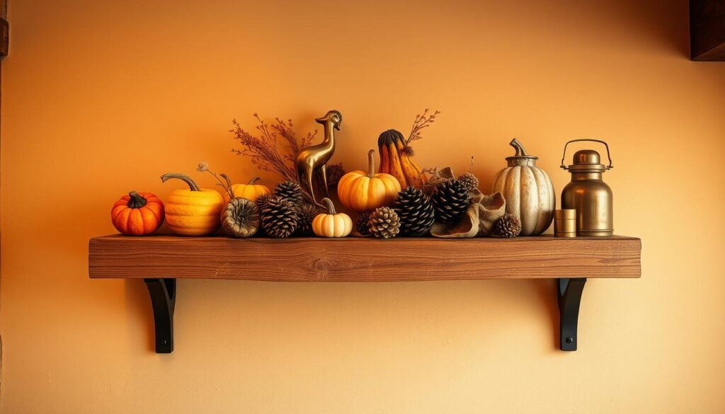 A cozy, autumn-themed styling shelf against a warm, rustic backdrop. The shelf is constructed from natural wood, with a distressed, weathered finish that adds character. Atop the shelf, an assortment of harvest-inspired decor items - gourds, pinecones, dried flowers, and a few vintage brass accents. Soft, diffused lighting casts a golden glow, highlighting the textures and colors. The background features a neutral-toned wall, with a hint of exposed brick or wood paneling peeking through, creating a sense of depth and history. The overall atmosphere is inviting, nostalgic, and perfectly suited for an autumn-inspired home display. A cozy, autumn-themed styling shelf against a warm, rustic backdrop. The shelf is constructed from natural wood, with a distressed, weathered finish that adds character. Atop the shelf, an assortment of harvest-inspired decor items - gourds, pinecones, dried flowers, and a few vintage brass accents. Soft, diffused lighting casts a golden glow, highlighting the textures and colors. The background features a neutral-toned wall, with a hint of exposed brick or wood paneling peeking through, creating a sense of depth and history. The overall atmosphere is inviting, nostalgic, and perfectly suited for an autumn-inspired home display.