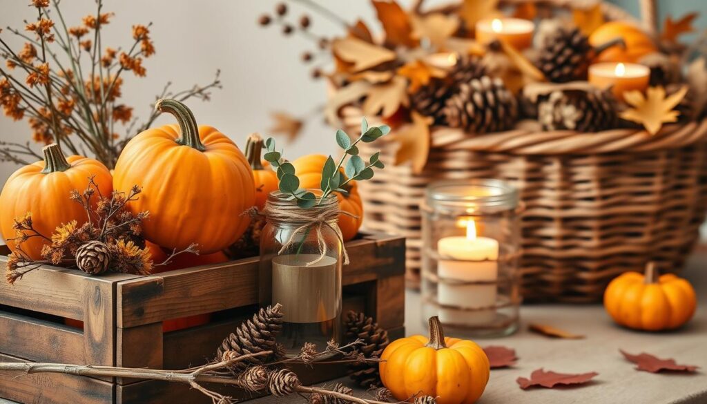 A cozy autumn vignette in warm, natural tones. In the foreground, a rustic wooden crate overflows with vibrant orange pumpkins, gourds, and dried floral stems. Delicate pinecones and twigs are casually arranged around the base. In the middle ground, a simple DIY candle holder crafted from a mason jar, wrapped in twine and adorned with a sprig of eucalyptus. Behind, a large woven basket brimming with dried leaves, pinecones, and a few flickering tealight candles, bathed in soft, diffused lighting. The overall scene evokes a sense of homespun, budget-friendly autumn charm. A cozy autumn vignette in warm, natural tones. In the foreground, a rustic wooden crate overflows with vibrant orange pumpkins, gourds, and dried floral stems. Delicate pinecones and twigs are casually arranged around the base. In the middle ground, a simple DIY candle holder crafted from a mason jar, wrapped in twine and adorned with a sprig of eucalyptus. Behind, a large woven basket brimming with dried leaves, pinecones, and a few flickering tealight candles, bathed in soft, diffused lighting. The overall scene evokes a sense of homespun, budget-friendly autumn charm.
