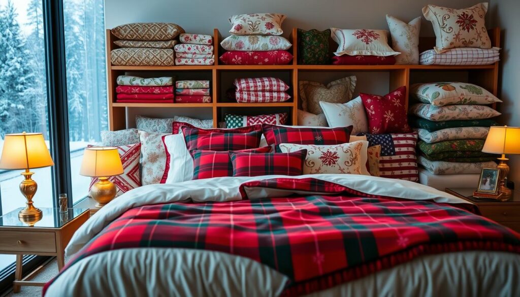 A cozy bedroom scene showcasing an array of festive Christmas bedding options. In the foreground, a neatly made bed is adorned with a plush, red and green plaid comforter, complemented by matching pillow shams and a festive throw blanket. On the bedside tables, stylish Christmas-themed lamps cast a warm, golden glow. In the middle ground, wooden shelves display an assortment of holiday-inspired sheets, duvet covers, and pillows in various patterns and textures, including elegant damask, whimsical snowflakes, and classic red and green hues. The background features a large window overlooking a snowy winter landscape, creating a serene and inviting atmosphere. The lighting is soft and diffused, evoking a sense of comfort and holiday cheer.