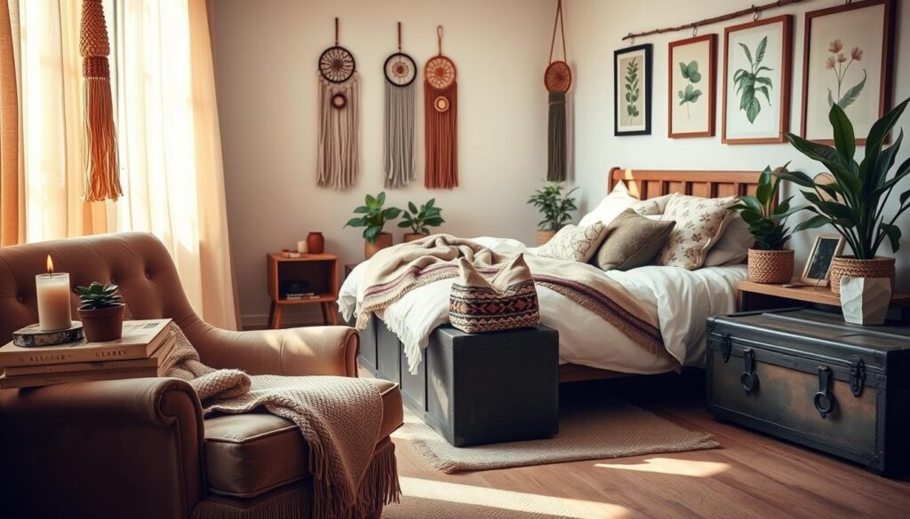 A cozy boho-inspired bedroom, bathed in warm natural light filtering through sheer curtains. In the foreground, a plush velvet armchair with fringed trim and a woven blanket draped over it. On a wooden side table, a potted plant, a stack of vintage books, and a flickering candle. In the middle ground, a bed with a fluffy duvet, piled high with eclectic pillows in earth-toned patterns. The walls are adorned with macrame wall hangings, dreamcatchers, and framed botanical prints. Lush houseplants in rattan baskets and a vintage trunk serve as a bedside table, completing the personalized, lived-in ambiance.