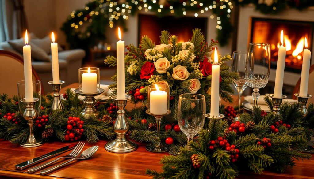 A cozy candlelit table setting for a festive holiday dinner. In the foreground, a lush, evergreen garland adorns the wooden table, dotted with clusters of red berries and pinecones. Tall, flickering candles cast a warm, inviting glow, their flames reflected in the polished silver cutlery and delicate crystal glassware. In the middle ground, a large, ornate centerpiece overflows with fresh flowers, evergreen sprigs, and twinkling fairy lights. The background is softly blurred, hinting at a comfortably furnished room, perhaps with a crackling fireplace visible. The overall atmosphere is one of elegance, tradition, and intimate celebration. A cozy candlelit table setting for a festive holiday dinner. In the foreground, a lush, evergreen garland adorns the wooden table, dotted with clusters of red berries and pinecones. Tall, flickering candles cast a warm, inviting glow, their flames reflected in the polished silver cutlery and delicate crystal glassware. In the middle ground, a large, ornate centerpiece overflows with fresh flowers, evergreen sprigs, and twinkling fairy lights. The background is softly blurred, hinting at a comfortably furnished room, perhaps with a crackling fireplace visible. The overall atmosphere is one of elegance, tradition, and intimate celebration.
