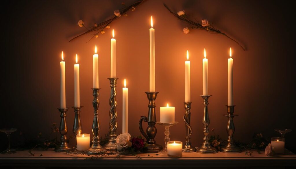 A cozy, dimly lit Valentine's mantle with a neatly arranged display of tall, flickering candles in various elegant candlesticks. The mantel is adorned with delicate floral garlands, vines, and sprigs of greenery, creating a warm, romantic ambiance. The candles are placed at staggered heights, with some taller ones in the center and shorter ones on the sides, ensuring a balanced and visually appealing composition. The lighting is soft and atmospheric, with the flames casting gentle shadows and highlights on the surrounding decor. The overall scene exudes a sense of safety, tranquility, and attention to detail, perfectly capturing the "Safety Tips for Using Candles" theme.