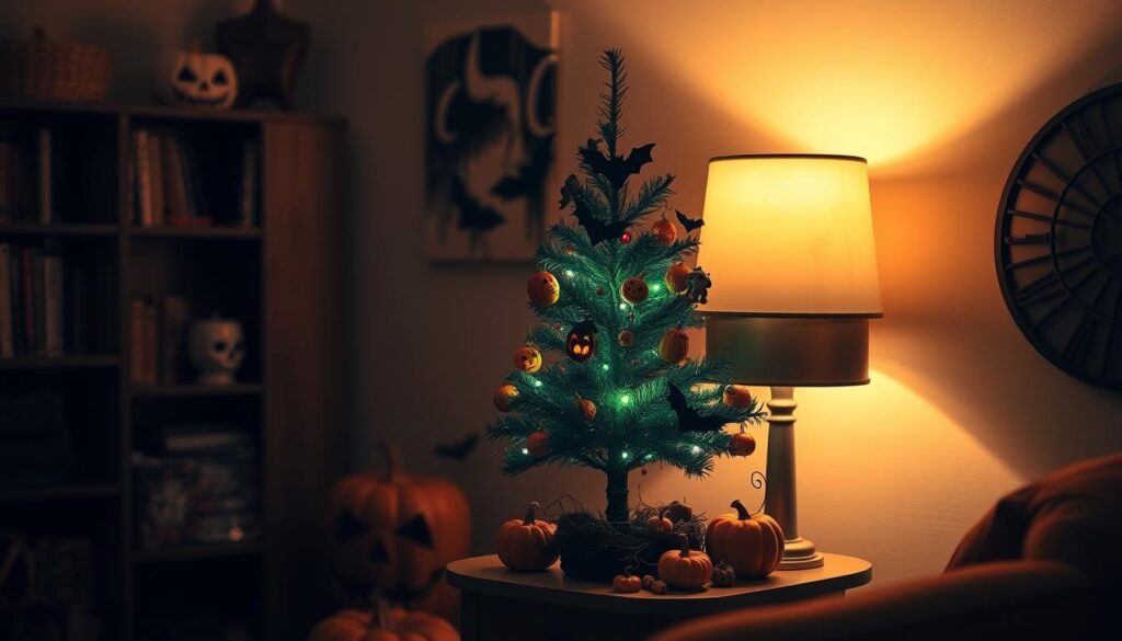 A cozy, dimly lit room with a miniature Halloween tree in the foreground, adorned with various spooky and whimsical decorations. The tree is placed on a side table, surrounded by scattered pumpkins, bats, and other Halloween-themed accents. Soft, warm lighting casts a gentle glow, creating a cozy and inviting atmosphere. In the background, a bookshelf or other household elements can be seen, adding depth and a sense of context to the scene. The overall mood is one of festive, yet subtle, Halloween charm. A cozy, dimly lit room with a miniature Halloween tree in the foreground, adorned with various spooky and whimsical decorations. The tree is placed on a side table, surrounded by scattered pumpkins, bats, and other Halloween-themed accents. Soft, warm lighting casts a gentle glow, creating a cozy and inviting atmosphere. In the background, a bookshelf or other household elements can be seen, adding depth and a sense of context to the scene. The overall mood is one of festive, yet subtle, Halloween charm.