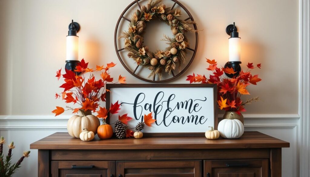 A cozy fall entry table arrangement, featuring a wooden console with a rustic finish. On the tabletop, an array of seasonal elements create a warm, inviting display: a large, decorative sign with a hand-lettered autumn-inspired quote, surrounded by clusters of vibrant orange and red leaves, pinecones, and small pumpkins. Diffused lighting from sconces on the wall casts a soft, golden glow, enhancing the autumnal ambiance. The overall composition evokes a sense of harvest celebration and the welcoming spirit of the changing seasons. A cozy fall entry table arrangement, featuring a wooden console with a rustic finish. On the tabletop, an array of seasonal elements create a warm, inviting display: a large, decorative sign with a hand-lettered autumn-inspired quote, surrounded by clusters of vibrant orange and red leaves, pinecones, and small pumpkins. Diffused lighting from sconces on the wall casts a soft, golden glow, enhancing the autumnal ambiance. The overall composition evokes a sense of harvest celebration and the welcoming spirit of the changing seasons.