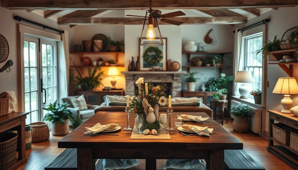 A cozy farmhouse-style living room, dimly lit by the warm glow of vintage-inspired pendant lights and table lamps. The room is adorned with natural elements like woven baskets, rustic wooden accents, and lush greenery, creating a inviting and serene ambiance. Soft, diffused lighting casts a gentle, atmospheric illumination, highlighting the room's charming, earthy tones. In the center, a large, wooden farmhouse table is set with a simple, elegant Easter-themed tablescape, featuring delicate floral arrangements, natural linen napkins, and antique candlesticks. The overall scene evokes a sense of rustic, countryside charm perfect for celebrating the spring holiday.