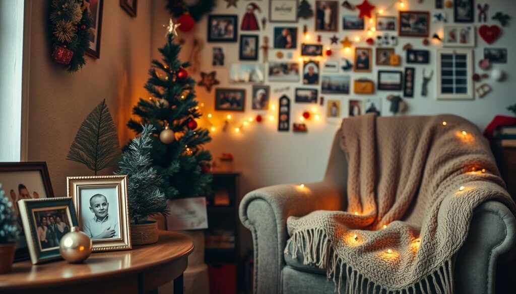 A cozy, festive holiday scene featuring personalized small-space decor. In the foreground, an end table with framed family photos, a miniature Christmas tree, and a vintage ornament. On the middle-ground, a plush armchair draped with a warm throw blanket, complemented by a twinkling string of fairy lights. The background showcases a wall adorned with a collage of personal mementos, memories, and small holiday trinkets. Soft, warm lighting creates a inviting, intimate atmosphere. Lens: 50mm. Angle: eye-level. A cozy, festive holiday scene featuring personalized small-space decor. In the foreground, an end table with framed family photos, a miniature Christmas tree, and a vintage ornament. On the middle-ground, a plush armchair draped with a warm throw blanket, complemented by a twinkling string of fairy lights. The background showcases a wall adorned with a collage of personal mementos, memories, and small holiday trinkets. Soft, warm lighting creates a inviting, intimate atmosphere. Lens: 50mm. Angle: eye-level.