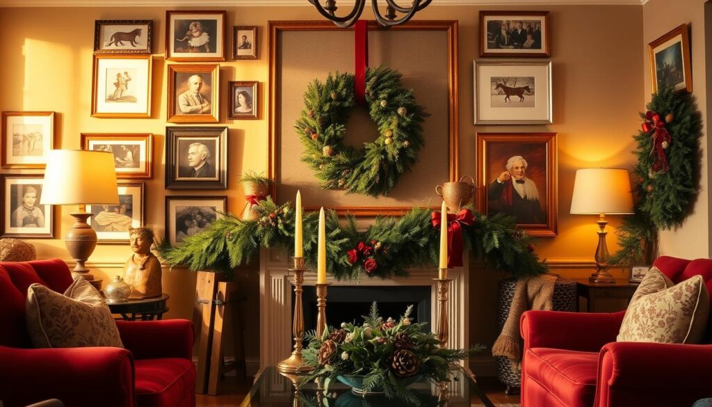 A cozy, festive living room with a warm, inviting atmosphere. A large, ornate wreath hangs prominently on the gallery wall, surrounded by an assortment of framed artwork and seasonal decorations. The room is bathed in soft, golden lighting, accentuating the rich, crimson tones of the plush, velvet armchairs and the lush, green garlands draped over the fireplace mantel. Ornate, brass candlesticks and a decorative vase filled with pine cones and holiday florals add to the overall holiday charm. The scene is captured from a slightly elevated angle, creating a welcoming, immersive perspective. A cozy, festive living room with a warm, inviting atmosphere. A large, ornate wreath hangs prominently on the gallery wall, surrounded by an assortment of framed artwork and seasonal decorations. The room is bathed in soft, golden lighting, accentuating the rich, crimson tones of the plush, velvet armchairs and the lush, green garlands draped over the fireplace mantel. Ornate, brass candlesticks and a decorative vase filled with pine cones and holiday florals add to the overall holiday charm. The scene is captured from a slightly elevated angle, creating a welcoming, immersive perspective.