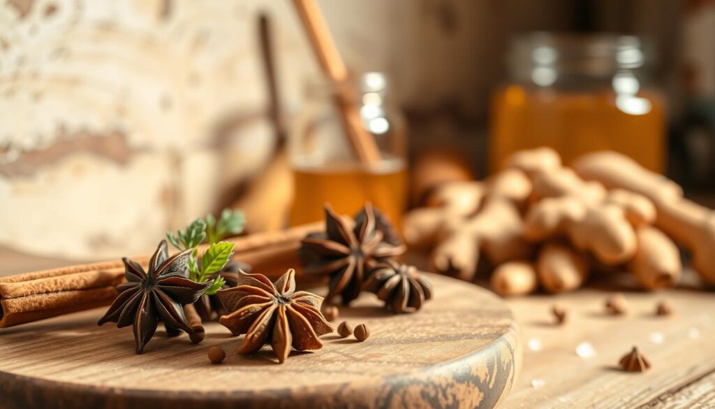 A cozy, festive scene of gingerbread-inspired seasonal scents. In the foreground, a wooden cutting board holds a delicate arrangement of cinnamon sticks, star anise, and whole cloves, their warm, spicy aromas wafting through the air. In the middle ground, a glass jar filled with golden honey and a pile of fresh ginger root add layers of sweetness. Soft, diffused lighting casts a gentle glow, creating an intimate, inviting atmosphere. The background features a rustic, weathered wall, hinting at the comforting familiarity of a well-used kitchen. Subtle hints of nutmeg, allspice, and vanilla linger, evoking the nostalgia of holiday baking. This image captures the essence of the season, inviting the viewer to pause and savor the cozy, gingerbread-inspired scents.