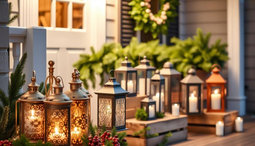 A cozy front porch with a welcoming arrangement of Christmas lanterns. In the foreground, a cluster of ornate lanterns in warm brass tones, their soft glowing flames casting a gentle ambiance. In the middle ground, a row of varying-sized lanterns, some with delicate filigree patterns, others with simple geometric designs, all resting on wooden crates or decorative stands. The background features lush greenery, perhaps a garland draped over the porch railing or a potted evergreen, adding a touch of natural elegance. The lighting is a harmonious blend of the lanterns' flames and subtle outdoor lighting, creating an inviting, holiday-inspired atmosphere perfect for a cheerful porch display. A cozy front porch with a welcoming arrangement of Christmas lanterns. In the foreground, a cluster of ornate lanterns in warm brass tones, their soft glowing flames casting a gentle ambiance. In the middle ground, a row of varying-sized lanterns, some with delicate filigree patterns, others with simple geometric designs, all resting on wooden crates or decorative stands. The background features lush greenery, perhaps a garland draped over the porch railing or a potted evergreen, adding a touch of natural elegance. The lighting is a harmonious blend of the lanterns' flames and subtle outdoor lighting, creating an inviting, holiday-inspired atmosphere perfect for a cheerful porch display.