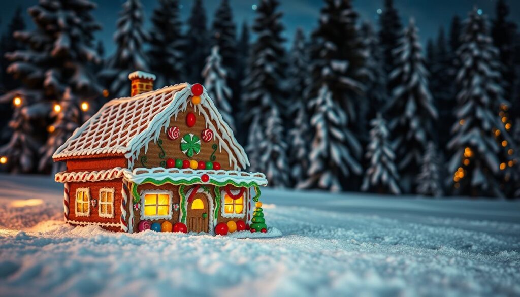 A cozy gingerbread house nestled in a winter wonderland, adorned with intricate details and whimsical decorations. The foreground features a quaint, two-story structure with gabled roofs, frosted gingerbread walls, and candy-coated trim. Gumdrops, licorice vines, and jelly beans embellish the facade, creating a delightful, edible aesthetic. In the middle ground, a dusting of snow covers the ground, and twinkling string lights illuminate the scene, casting a warm, inviting glow. The background depicts a serene, snow-capped forest, with towering pine trees and a clear, starry sky, evoking a sense of holiday magic and enchantment. Soft, diffused lighting and a shallow depth of field draw the viewer's attention to the intricate details of the gingerbread house, showcasing its whimsical charm.