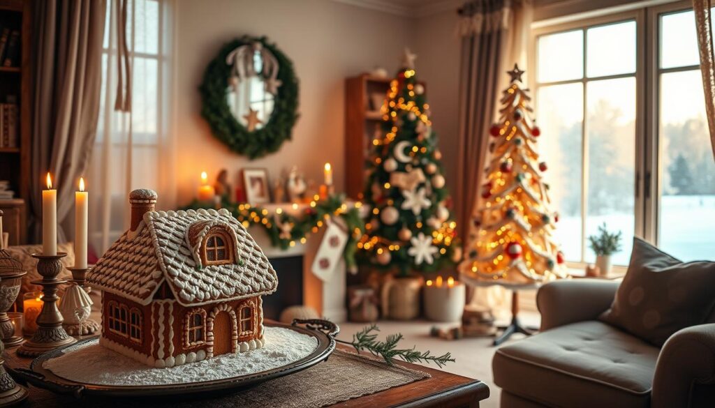 A cozy gingerbread-themed living room, bathed in warm, golden light filtering through lace curtains. In the foreground, a display of seasonal accents - a miniature gingerbread house, dusted with powdered sugar, sits atop a vintage serving tray, flanked by gingerbread-scented candles and a gingerbread-man garland draped over a mantelpiece adorned with evergreen sprigs. In the middle ground, a large, ornately decorated gingerbread Christmas tree stands proud, its intricate icing details catching the soft, diffused light. The background reveals a snow-covered landscape visible through a frost-kissed window, completing the festive, hygge-inspired scene. A cozy gingerbread-themed living room, bathed in warm, golden light filtering through lace curtains. In the foreground, a display of seasonal accents - a miniature gingerbread house, dusted with powdered sugar, sits atop a vintage serving tray, flanked by gingerbread-scented candles and a gingerbread-man garland draped over a mantelpiece adorned with evergreen sprigs. In the middle ground, a large, ornately decorated gingerbread Christmas tree stands proud, its intricate icing details catching the soft, diffused light. The background reveals a snow-covered landscape visible through a frost-kissed window, completing the festive, hygge-inspired scene.