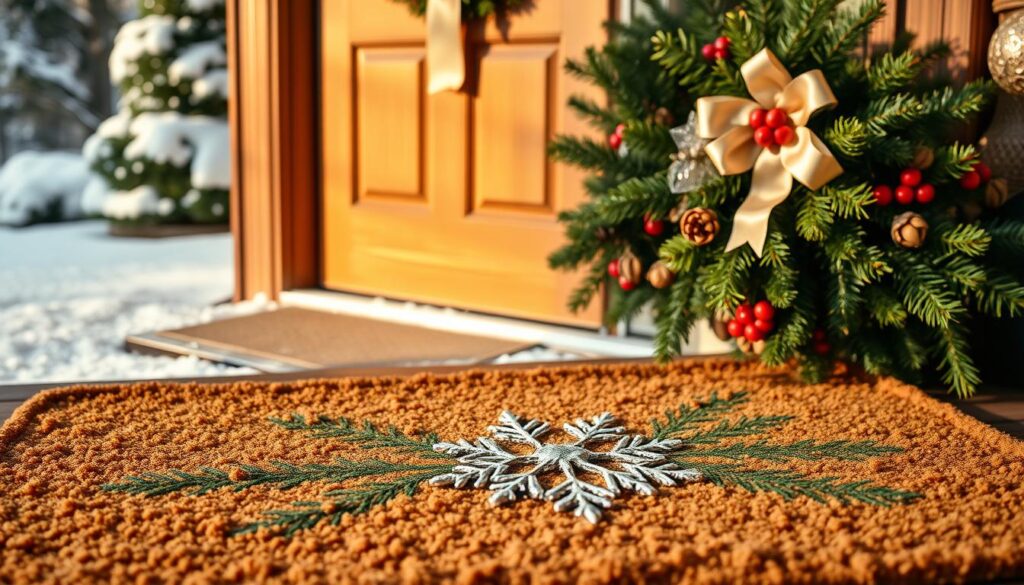 A cozy holiday doormat scene, captured in a warm, inviting photograph. In the foreground, a lush, textured doormat features a festive design of pine branches, red berries, and a glistening silver snowflake. The middle ground showcases a classic wooden door frame, adorned with a wreath of evergreen, pine cones, and a satin ribbon. In the background, a dusting of snow covers the ground, creating a winter wonderland atmosphere. The lighting is soft and natural, casting a golden glow that enhances the seasonal charm. Shot with a wide-angle lens to capture the full entryway, this image exudes the coziness and holiday spirit perfect for welcoming guests.