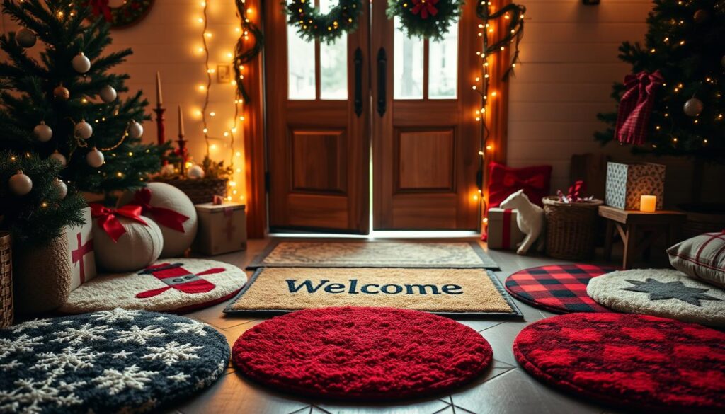 A cozy holiday entryway showcasing an assortment of festive doormats. In the foreground, plush circular rugs in a variety of seasonal motifs and textures, such as snowflakes, reindeer, and plaid patterns. The middle ground features a classic rectangular welcome mat with an embroidered "Welcome" message. In the background, a wooden double door frame is adorned with twinkling string lights, casting a warm, inviting glow. The overall scene is lit by soft, diffused natural light, conveying a welcoming and cheerful atmosphere perfect for the holiday season.