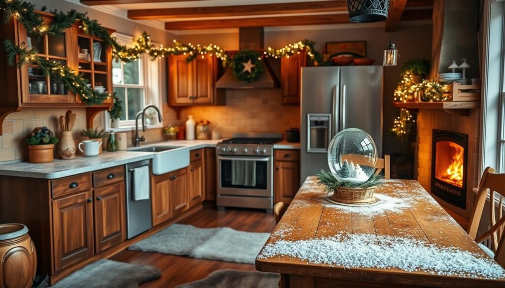 A cozy holiday kitchen, bathed in warm lighting and dusted with a layer of sparkling, artificial snow. A blend of traditional decor and winter wonderland touches - garlands of evergreen draped across the countertops, twinkling fairy lights adorning the cabinets, and a vintage-inspired snowglobe centerpiece on the wooden table. Plush sheepskin rugs and a roaring fireplace create a welcoming, hygge-inspired ambiance. Soft shadows and highlights accentuate the texture of the snow, making it appear delicate and freshly fallen. A perfect blend of festive cheer and homely comfort, capturing the essence of "Transforming Your Kitchen with Faux Snow".