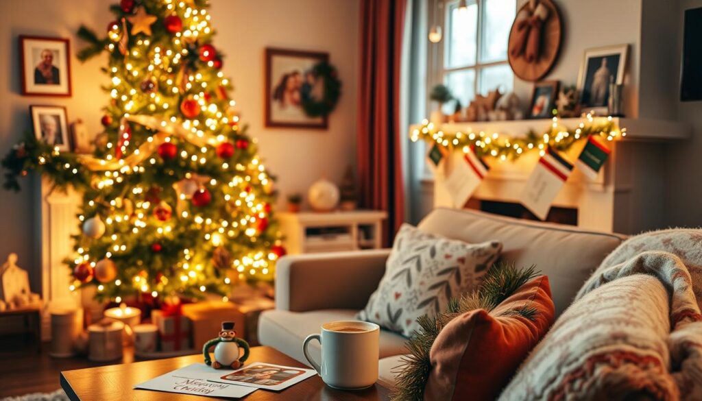 A cozy, inviting Christmas room with personalized decor. In the foreground, a beautifully decorated Christmas tree adorned with ornaments, garlands, and twinkling lights. On the mantelpiece, framed family photos and handmade holiday trinkets create a heartwarming, intimate atmosphere. Soft, warm lighting from a crackling fireplace bathes the space in a golden glow, while plush, festive throw pillows and a cozy blanket on the sofa invite visitors to relax and soak in the holiday cheer. Carefully placed holiday tchotchkes, a handwritten holiday card, and a mug of hot cocoa on the coffee table add personal, charming touches that make this room feel like a cherished, festive haven. A cozy, inviting Christmas room with personalized decor. In the foreground, a beautifully decorated Christmas tree adorned with ornaments, garlands, and twinkling lights. On the mantelpiece, framed family photos and handmade holiday trinkets create a heartwarming, intimate atmosphere. Soft, warm lighting from a crackling fireplace bathes the space in a golden glow, while plush, festive throw pillows and a cozy blanket on the sofa invite visitors to relax and soak in the holiday cheer. Carefully placed holiday tchotchkes, a handwritten holiday card, and a mug of hot cocoa on the coffee table add personal, charming touches that make this room feel like a cherished, festive haven.