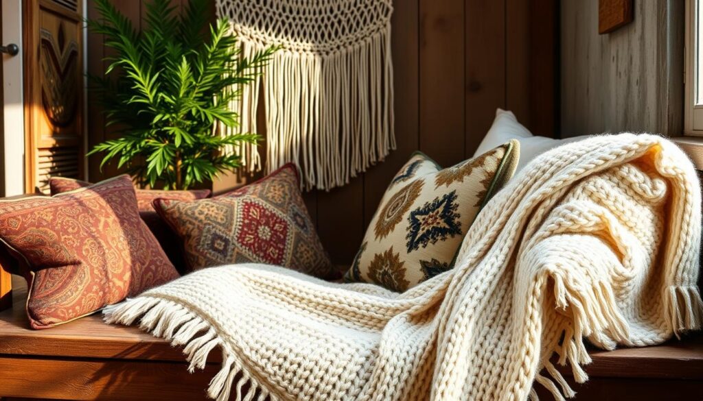 A cozy, inviting scene of boho winter textiles. In the foreground, a plush, cream-colored knit throw blanket drapes elegantly over a rustic wooden bench. Surrounding it, an assortment of richly-patterned cushions in earthy tones and bohemian prints - paisley, ikat, and geometric designs. In the middle ground, a handwoven macrame wall hanging casts warm, soft shadows. The background features a lush, verdant potted plant and a distressed wood paneled wall, creating a natural, organic ambiance. Soft, diffused lighting gently illuminates the scene, evoking a sense of hygge and relaxation.