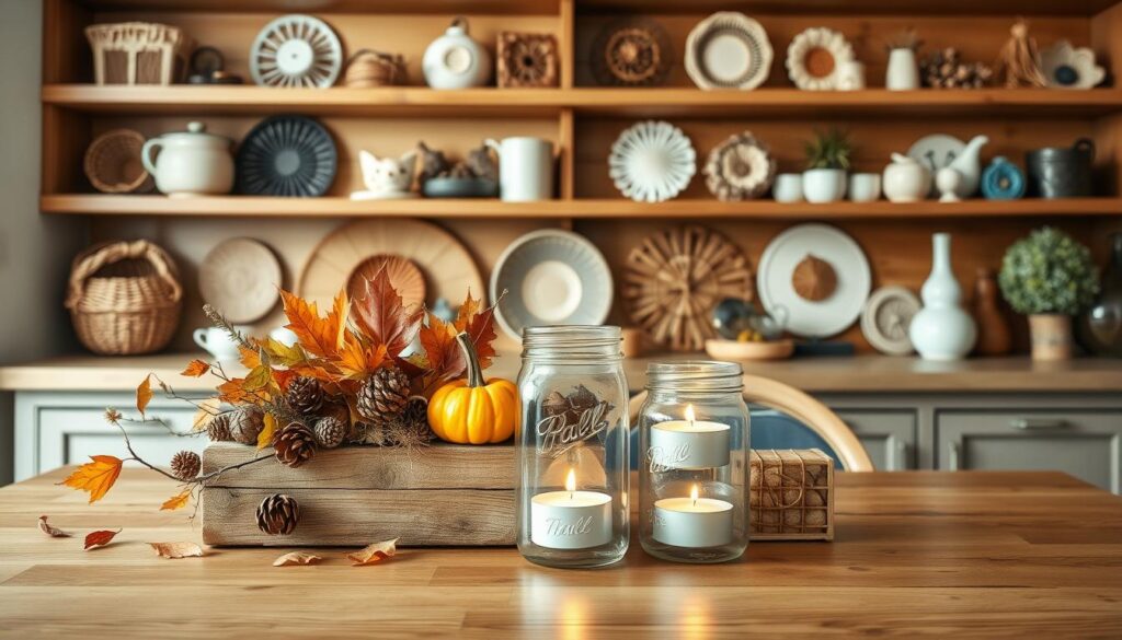 A cozy kitchen table set with simple, budget-friendly DIY decor items. In the foreground, a rustic wooden centerpiece filled with autumn leaves, pinecones, and a small pumpkin. In the middle ground, a pair of mason jars holding tealight candles, their soft glow casting a warm, inviting ambiance. The background features a backdrop of wooden shelves displaying various handmade decorative accents, such as woven baskets, string art, and painted ceramic pieces. The lighting is a natural, diffused daylight, creating a welcoming, homey atmosphere perfect for a DIY decor feature. A cozy kitchen table set with simple, budget-friendly DIY decor items. In the foreground, a rustic wooden centerpiece filled with autumn leaves, pinecones, and a small pumpkin. In the middle ground, a pair of mason jars holding tealight candles, their soft glow casting a warm, inviting ambiance. The background features a backdrop of wooden shelves displaying various handmade decorative accents, such as woven baskets, string art, and painted ceramic pieces. The lighting is a natural, diffused daylight, creating a welcoming, homey atmosphere perfect for a DIY decor feature.