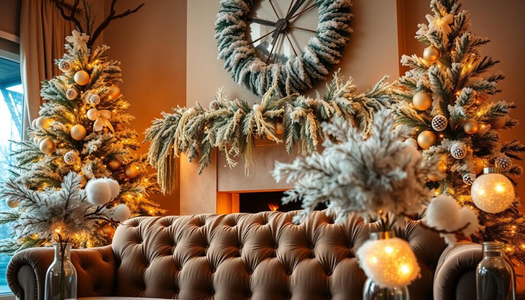A cozy living room adorned with a lush, snow-dusted Christmas tree, its branches glittering with fairy lights. Shimmering garlands cascade down the mantel, accented by frosted pinecones and glistening ornaments. In the foreground, a plush velvet sofa is flanked by vases filled with artificial snowballs, casting a soft, diffused glow. The scene is bathed in a warm, golden light, creating a tranquil, winter wonderland atmosphere. A wide-angle lens captures the entire festive display, showcasing the harmonious blend of natural and artificial elements that together evoke the enchantment of the holiday season.