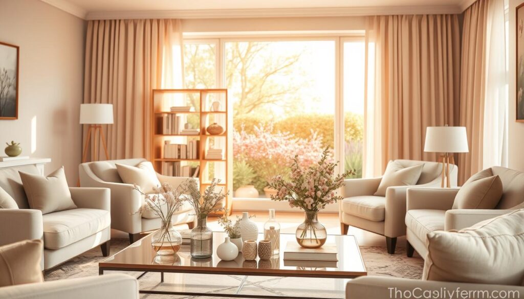 A cozy living room, bathed in soft spring light filtering through pastel-hued curtains. In the foreground, a coffee table adorned with delicate floral arrangements, glass vases, and tactile decorative objects. Plush armchairs in soothing pastel tones invite relaxation, while a minimalist but elegant bookshelf stands in the middle ground. The background showcases a large window, framing a view of a lush garden in bloom, hinting at the season's vibrant colors. Warm, natural lighting casts a gentle glow, creating an inviting and serene atmosphere that evokes the essence of spring home decor trends.
