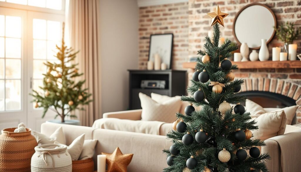 A cozy living room bathed in warm, natural light. In the foreground, a stylish, minimalist Christmas tree adorned with matte black and gold ornaments, complemented by a sleek, metallic tree topper. Surrounding the tree, an assortment of neutral-toned decor elements, including woven baskets, linen-wrapped candles, and subtle, geometric patterns. The middle ground features a plush, beige sofa accented with textured throw pillows in shades of ivory and taupe. In the background, a brick fireplace mantel showcases a curated display of neutral-toned vases, votive holders, and natural greenery, creating a harmonious, elevated holiday aesthetic. A cozy living room bathed in warm, natural light. In the foreground, a stylish, minimalist Christmas tree adorned with matte black and gold ornaments, complemented by a sleek, metallic tree topper. Surrounding the tree, an assortment of neutral-toned decor elements, including woven baskets, linen-wrapped candles, and subtle, geometric patterns. The middle ground features a plush, beige sofa accented with textured throw pillows in shades of ivory and taupe. In the background, a brick fireplace mantel showcases a curated display of neutral-toned vases, votive holders, and natural greenery, creating a harmonious, elevated holiday aesthetic.