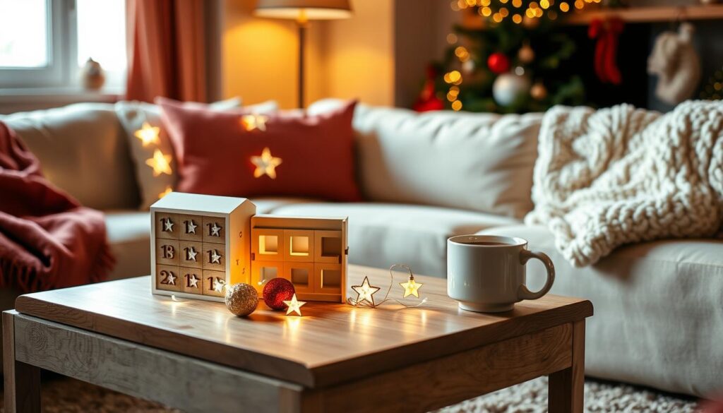 A cozy living room, bathed in warm, soft lighting. On the coffee table, a selection of budget-friendly Christmas countdown decor items - a small wooden advent calendar, LED-lit star garlands, and a simple DIY paper chain. Nearby, a plush, festive throw blanket and a mug of steaming hot chocolate. The room's neutral palette is accented with pops of red, green, and gold, creating a harmonious, inviting atmosphere perfect for celebrating the countdown to Christmas.
