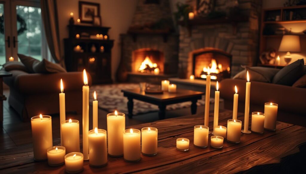 A cozy living room filled with the warm glow of candlelight, creating a serene and inviting ambiance. In the foreground, an assortment of lit taper candles and pillar candles adorn a rustic wooden coffee table, their flickering flames casting soft shadows on the surrounding surfaces. In the middle ground, a plush area rug and comfortable seating invite guests to relax and bask in the intimate atmosphere. The background features a stone fireplace with a crackling fire, its flames adding to the overall sense of coziness. The lighting is natural and diffused, creating a subtle, moody illumination throughout the space. The overall scene evokes a sense of hygge, a Danish concept of cozy contentment. A cozy living room filled with the warm glow of candlelight, creating a serene and inviting ambiance. In the foreground, an assortment of lit taper candles and pillar candles adorn a rustic wooden coffee table, their flickering flames casting soft shadows on the surrounding surfaces. In the middle ground, a plush area rug and comfortable seating invite guests to relax and bask in the intimate atmosphere. The background features a stone fireplace with a crackling fire, its flames adding to the overall sense of coziness. The lighting is natural and diffused, creating a subtle, moody illumination throughout the space. The overall scene evokes a sense of hygge, a Danish concept of cozy contentment.