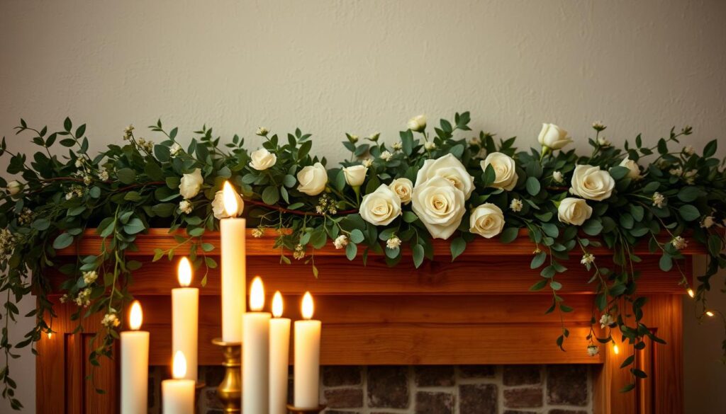 A cozy mantel adorned with natural elements, bathed in a warm, intimate glow. In the foreground, a cluster of taper candles flickers, casting a soft, romantic light. Cascading greenery and delicate floral accents, such as fragrant eucalyptus and elegant white roses, frame the mantel, creating a lush, organic arrangement. The middle ground features a rustic, wooden mantel, its weathered texture adding depth and character. In the background, a neutral, textured wall provides a tranquil backdrop, allowing the natural elements to take center stage. The overall scene evokes a sense of serene, understated elegance - a harmonious balance of nature and ambiance, perfect for a cozy Valentine's celebration.