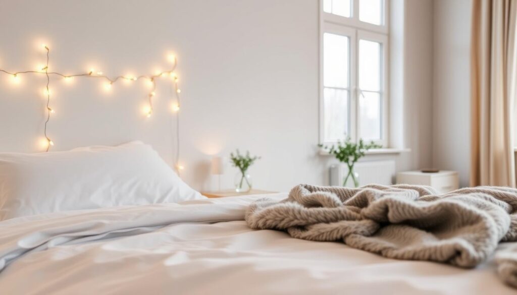 A cozy, minimalist bedroom scene with delicate fairy lights elegantly draped across the headboard, casting a warm, ambient glow. In the foreground, a neatly made bed with crisp white linens and a fluffy gray throw, while the middle ground features a small side table with a simple glass vase of fresh greenery. The background showcases a neutral-toned wall with a large window, allowing natural light to filter in and complement the soft, magical lighting. The overall atmosphere evokes a sense of tranquility and holiday cheer, perfect for a serene, minimalist Christmas bedroom decor. A cozy, minimalist bedroom scene with delicate fairy lights elegantly draped across the headboard, casting a warm, ambient glow. In the foreground, a neatly made bed with crisp white linens and a fluffy gray throw, while the middle ground features a small side table with a simple glass vase of fresh greenery. The background showcases a neutral-toned wall with a large window, allowing natural light to filter in and complement the soft, magical lighting. The overall atmosphere evokes a sense of tranquility and holiday cheer, perfect for a serene, minimalist Christmas bedroom decor.