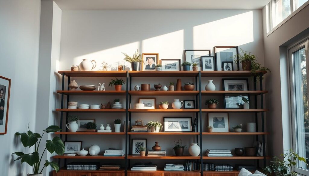 A cozy, minimalist home interior with open shelving displaying a curated selection of personal items. Soft, natural lighting filters through large windows, casting a warm glow on the arrangement. Wooden shelves hold a mix of ceramics, plants, and framed art, creating a harmonious, lived-in aesthetic. The overall mood is one of understated elegance and thoughtful design, inviting the viewer to imagine themselves in this serene, personalized space. A cozy, minimalist home interior with open shelving displaying a curated selection of personal items. Soft, natural lighting filters through large windows, casting a warm glow on the arrangement. Wooden shelves hold a mix of ceramics, plants, and framed art, creating a harmonious, lived-in aesthetic. The overall mood is one of understated elegance and thoughtful design, inviting the viewer to imagine themselves in this serene, personalized space.