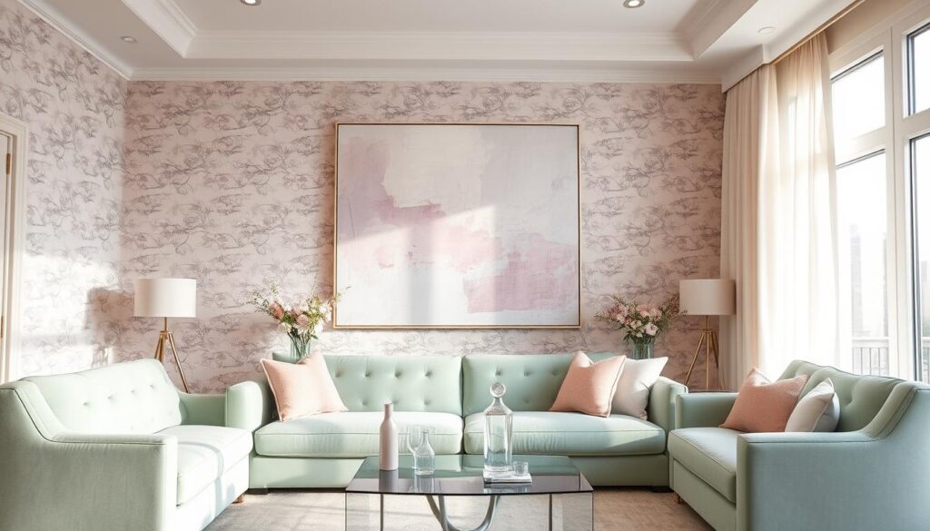 A cozy pastel-hued living room with a plush velvet sofa in a soft mint green. Delicate floral wallpaper in muted shades of pink and lavender adorns the walls, creating a serene and inviting atmosphere. An oversized abstract art piece in complementary pastels takes center stage, casting a warm glow from the recessed lighting above. Elegant glass vases filled with fresh spring blooms dot the room, adding pops of color. Soft cream-colored curtains frame the large windows, allowing natural light to filter in and highlight the carefully curated pastel decor elements.