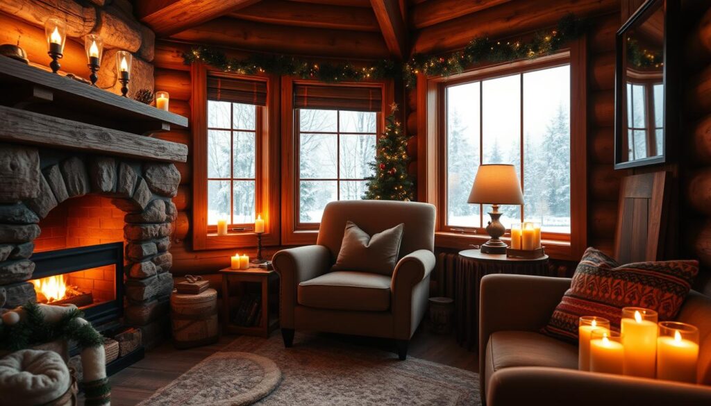 A cozy reading nook with soft, warm lighting from a fireplace and several candles placed strategically around the space. The room has a rustic, cabin-like atmosphere, with wooden shelves and accent walls. A plush armchair sits in the center, facing a large window overlooking a snowy landscape outside. The lighting creates a cozy, inviting ambiance, perfect for curling up with a good book and a mug of hot cocoa on a chilly Christmas evening. The scene is captured with a wide-angle lens, showcasing the overall coziness and charm of the space. A cozy reading nook with soft, warm lighting from a fireplace and several candles placed strategically around the space. The room has a rustic, cabin-like atmosphere, with wooden shelves and accent walls. A plush armchair sits in the center, facing a large window overlooking a snowy landscape outside. The lighting creates a cozy, inviting ambiance, perfect for curling up with a good book and a mug of hot cocoa on a chilly Christmas evening. The scene is captured with a wide-angle lens, showcasing the overall coziness and charm of the space.