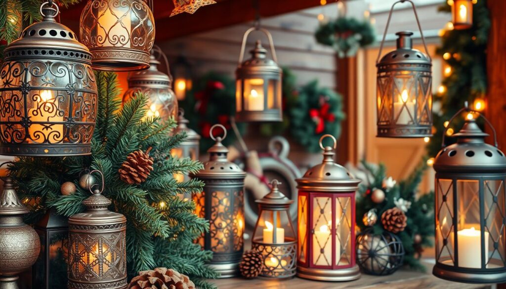A cozy, rustic Christmas scene with an assortment of lantern-style ornaments and decorations. In the foreground, a variety of lanterns in warm, earthy tones - some hanging, others arranged on a wooden table. The lanterns feature intricate metalwork designs, glowing softly with a gentle, flickering light. In the middle ground, more lanterns and holiday greenery like pine boughs, holly, and pinecones create a layered, textural display. The background depicts a warm, inviting porch or entryway, with wooden beams and a vintage aesthetic. The overall mood is one of comfort and holiday cheer, perfect for welcoming guests and setting the tone for a cozy Christmas season. A cozy, rustic Christmas scene with an assortment of lantern-style ornaments and decorations. In the foreground, a variety of lanterns in warm, earthy tones - some hanging, others arranged on a wooden table. The lanterns feature intricate metalwork designs, glowing softly with a gentle, flickering light. In the middle ground, more lanterns and holiday greenery like pine boughs, holly, and pinecones create a layered, textural display. The background depicts a warm, inviting porch or entryway, with wooden beams and a vintage aesthetic. The overall mood is one of comfort and holiday cheer, perfect for welcoming guests and setting the tone for a cozy Christmas season.
